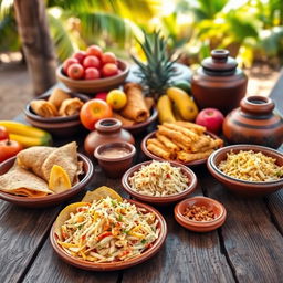 A vibrant and colorful composition showcasing a variety of traditional Salvadoran foods