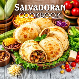 A vibrant and appetizing cover image for a Salvadoran cookbook, showcasing a variety of traditional dishes with an emphasis on pupusas