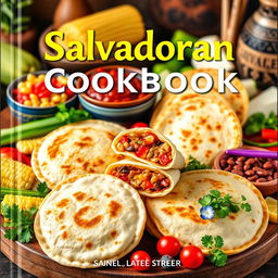 A vibrant and appetizing cover image for a Salvadoran cookbook, showcasing a variety of traditional dishes with an emphasis on pupusas