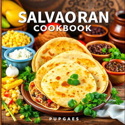 A vibrant and appetizing cover image for a Salvadoran cookbook, showcasing a variety of traditional dishes with an emphasis on pupusas