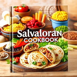 A vibrant and appetizing cover image for a Salvadoran cookbook, showcasing a variety of traditional dishes with an emphasis on pupusas