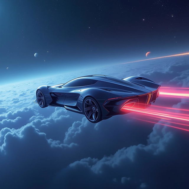 A futuristic flying car soaring through the vastness of space, gliding among distant stars and cosmic clouds