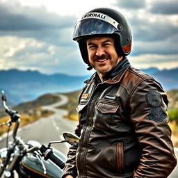 A man with a helmet, standing confidently against a dramatic sky