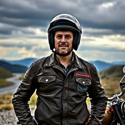 A man with a helmet, standing confidently against a dramatic sky