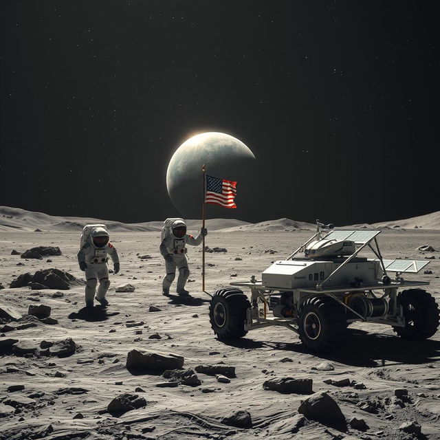 A breathtaking scene of a futuristic lunar expedition, showcasing astronauts in high-tech space suits exploring the rugged lunar surface