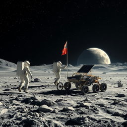 A breathtaking scene of a futuristic lunar expedition, showcasing astronauts in high-tech space suits exploring the rugged lunar surface