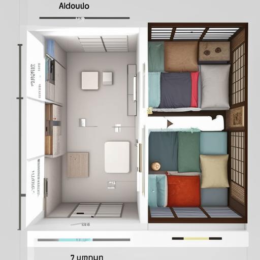 Generate an optimized interior design for a 12x12 bedroom with minimal storage, focusing on a favorable position for an iron almirah, while eliminating the need for a trunk.