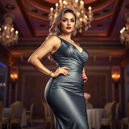 A voluptuous woman with an hourglass figure, wearing a stylish and form-fitting evening gown