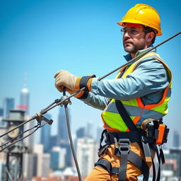 A worker from an electrical energy company is working on power lines