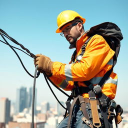 A worker from an electrical energy company is working on power lines