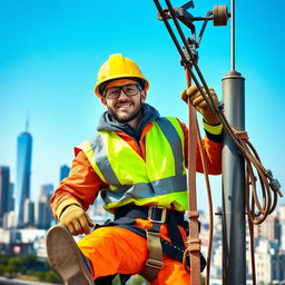 A worker from an electrical energy company is working on power lines