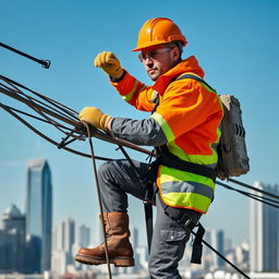 A worker from an electrical energy company is working on power lines