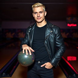 A handsome blond man with a good physique and dark blond hair styled in a slick back, showcasing a defined jaw