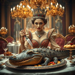 A majestic and regal queen dining on a crocodile, seated at a lavish banquet table