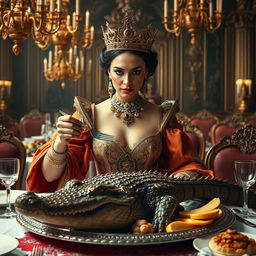 A majestic and regal queen dining on a crocodile, seated at a lavish banquet table