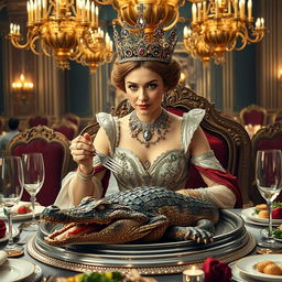 A majestic and regal queen dining on a crocodile, seated at a lavish banquet table