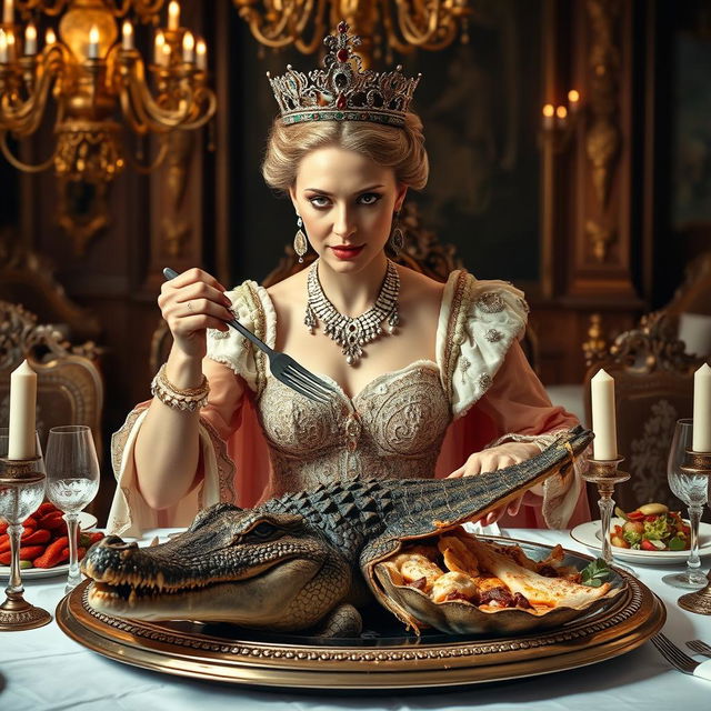 A majestic and regal queen dining on a crocodile, seated at a lavish banquet table