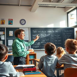 A dedicated teacher in a well-lit classroom, enthusiastically explaining a complex concept on a large blackboard