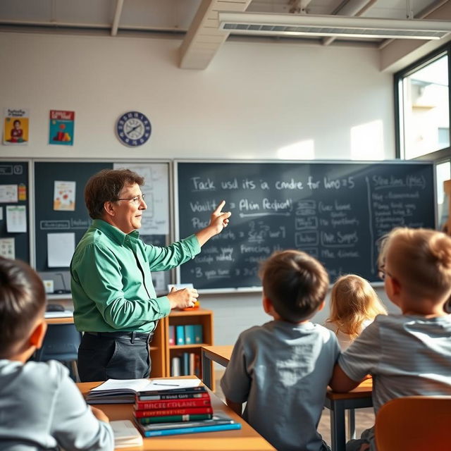 A dedicated teacher in a well-lit classroom, enthusiastically explaining a complex concept on a large blackboard