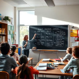 A dedicated teacher in a well-lit classroom, enthusiastically explaining a complex concept on a large blackboard