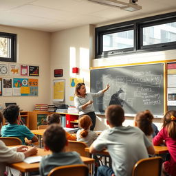 A dedicated teacher in a well-lit classroom, enthusiastically explaining a complex concept on a large blackboard