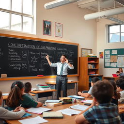 A dedicated teacher in a well-lit classroom, enthusiastically explaining a complex concept on a large blackboard