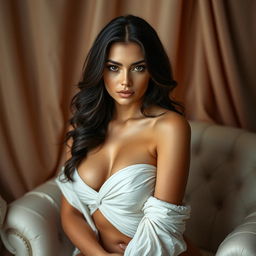 A confident and strikingly beautiful woman with a captivating presence, radiating allure and elegance, posed for an artistic and tastefully seductive photoshoot suitable for a high-end platform like OnlyFans