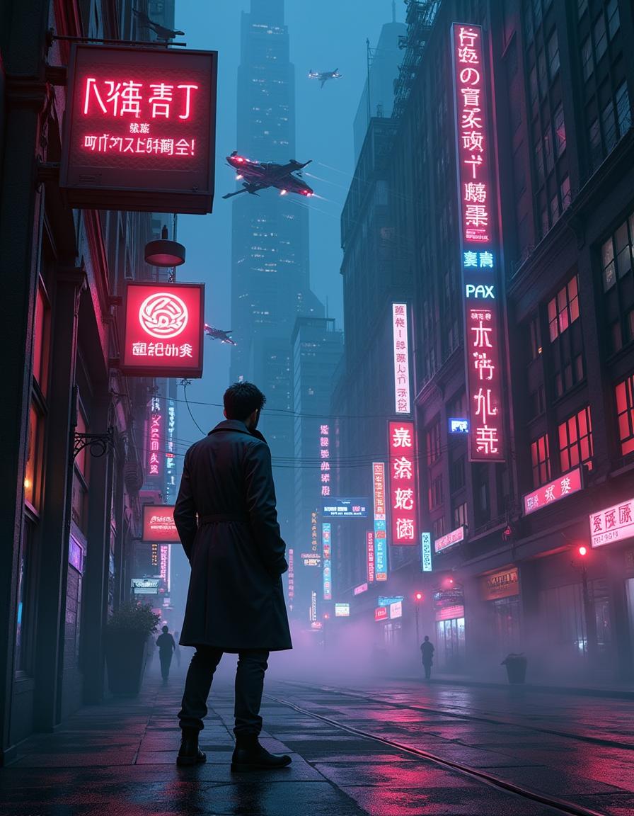 A neon-lit cyberpunk cityscape at night, featuring a mysterious detective known as Hack Shadow, surrounded by a glitchy urban atmosphere