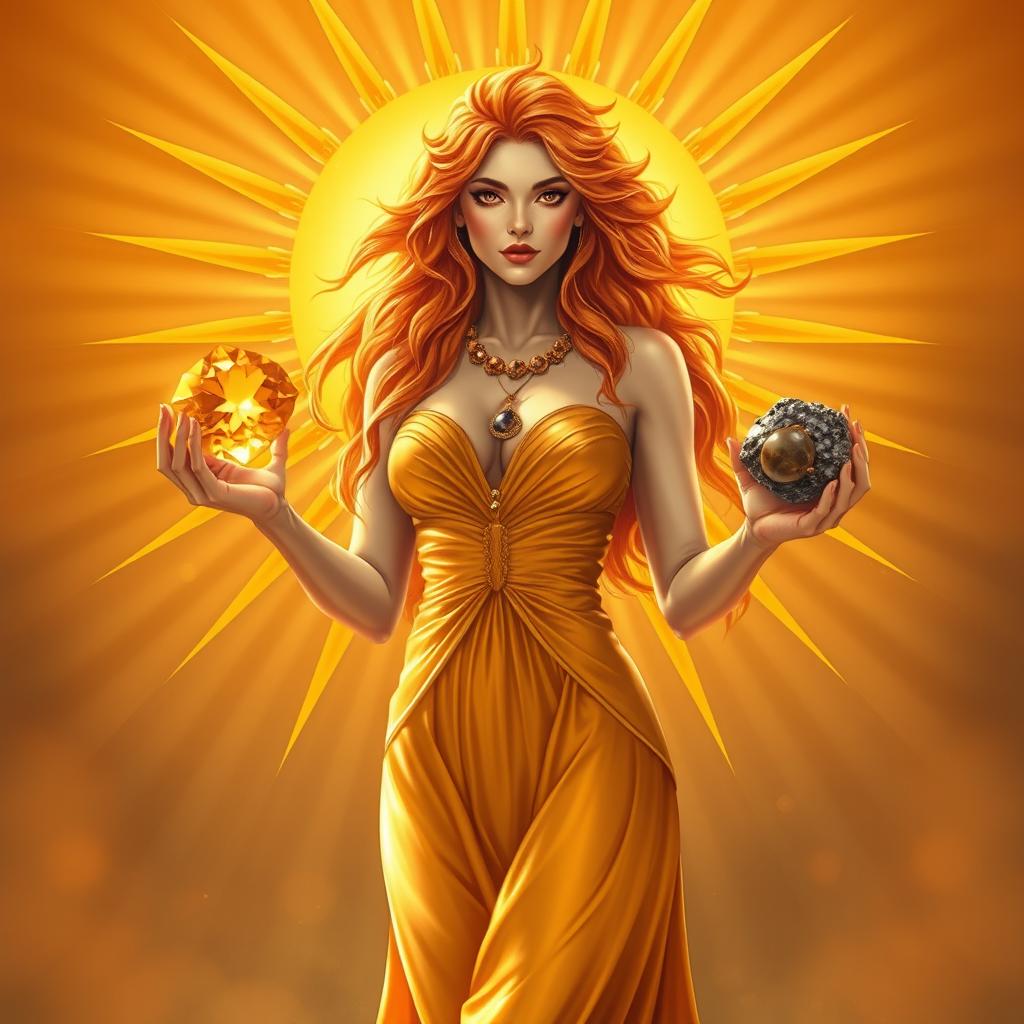 A beautiful Leo Goddess standing confidently, holding Citrine, Sunstone, Tiger’s Eye, and Pyrite, each gemstone glowing with vibrant energy