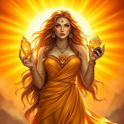 A beautiful Leo Goddess standing confidently, holding Citrine, Sunstone, Tiger’s Eye, and Pyrite, each gemstone glowing with vibrant energy