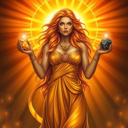 A beautiful Leo Goddess standing confidently, holding Citrine, Sunstone, Tiger’s Eye, and Pyrite, each gemstone glowing with vibrant energy