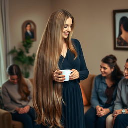 A mother with extremely long, silky, flowing hair stands gracefully serving coffee