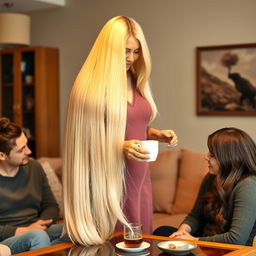 A mother with extremely long, silky, flowing hair stands gracefully serving coffee