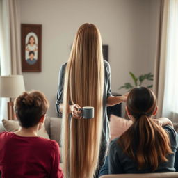 A mother with extremely long, silky, flowing hair stands gracefully serving coffee