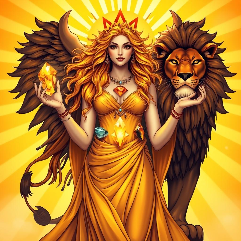 A majestic Leo Goddess stands confidently, cradling Citrine, Sunstone, Tiger’s Eye, and Pyrite in her hands, each gemstone radiating vibrant energy