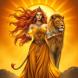 A majestic Leo Goddess stands confidently, cradling Citrine, Sunstone, Tiger’s Eye, and Pyrite in her hands, each gemstone radiating vibrant energy