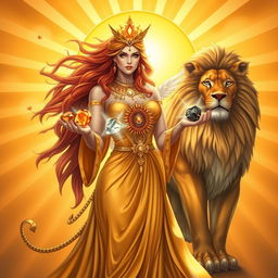 A majestic Leo Goddess stands confidently, cradling Citrine, Sunstone, Tiger’s Eye, and Pyrite in her hands, each gemstone radiating vibrant energy