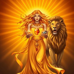 A majestic Leo Goddess stands confidently, cradling Citrine, Sunstone, Tiger’s Eye, and Pyrite in her hands, each gemstone radiating vibrant energy