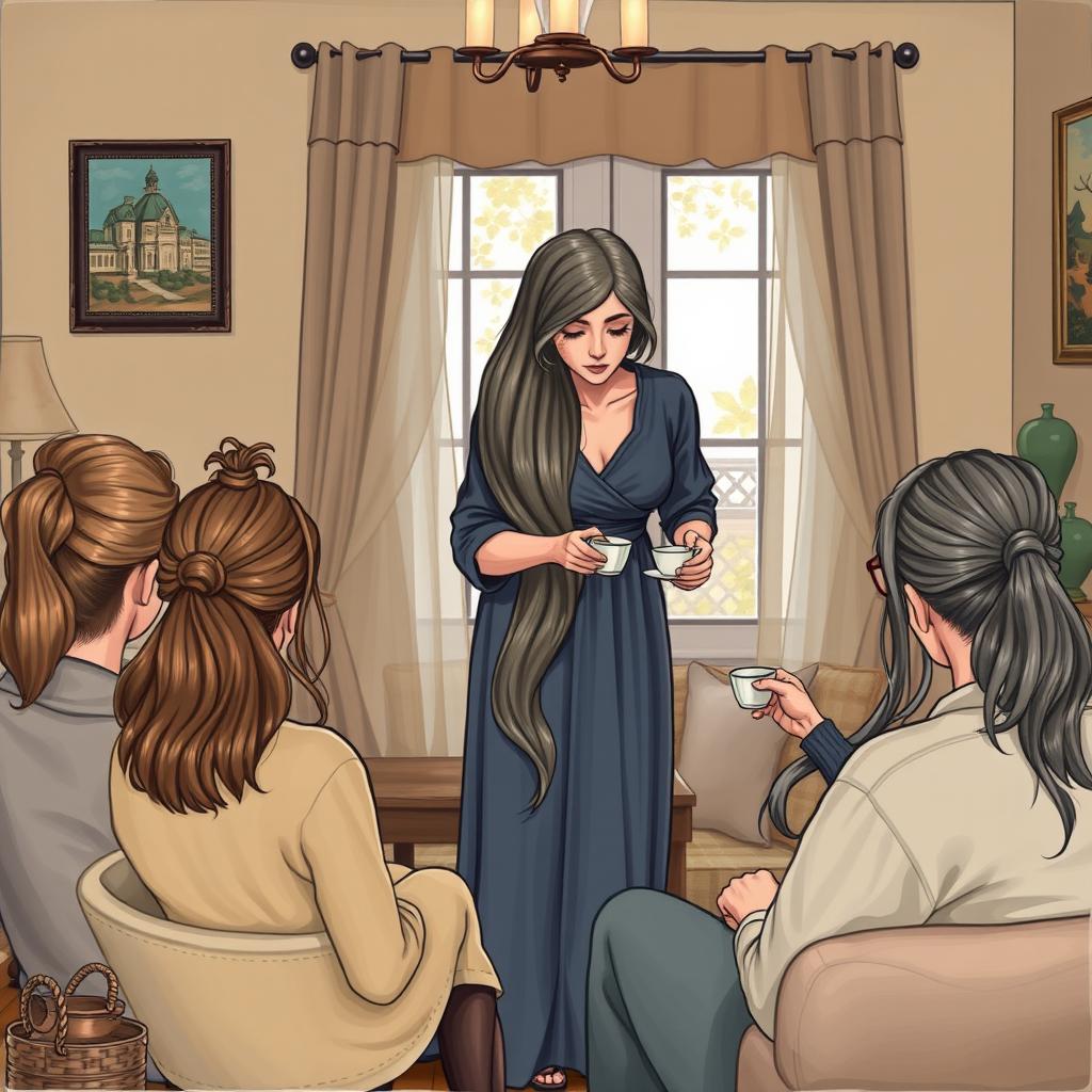 A scene depicting a mother with very long, silky, and flowing hair standing and serving coffee to guests