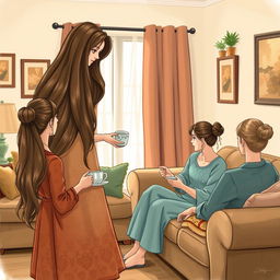 A scene depicting a mother with very long, silky, and flowing hair standing and serving coffee to guests