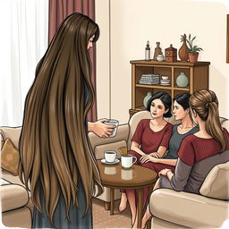 A scene depicting a mother with very long, silky, and flowing hair standing and serving coffee to guests