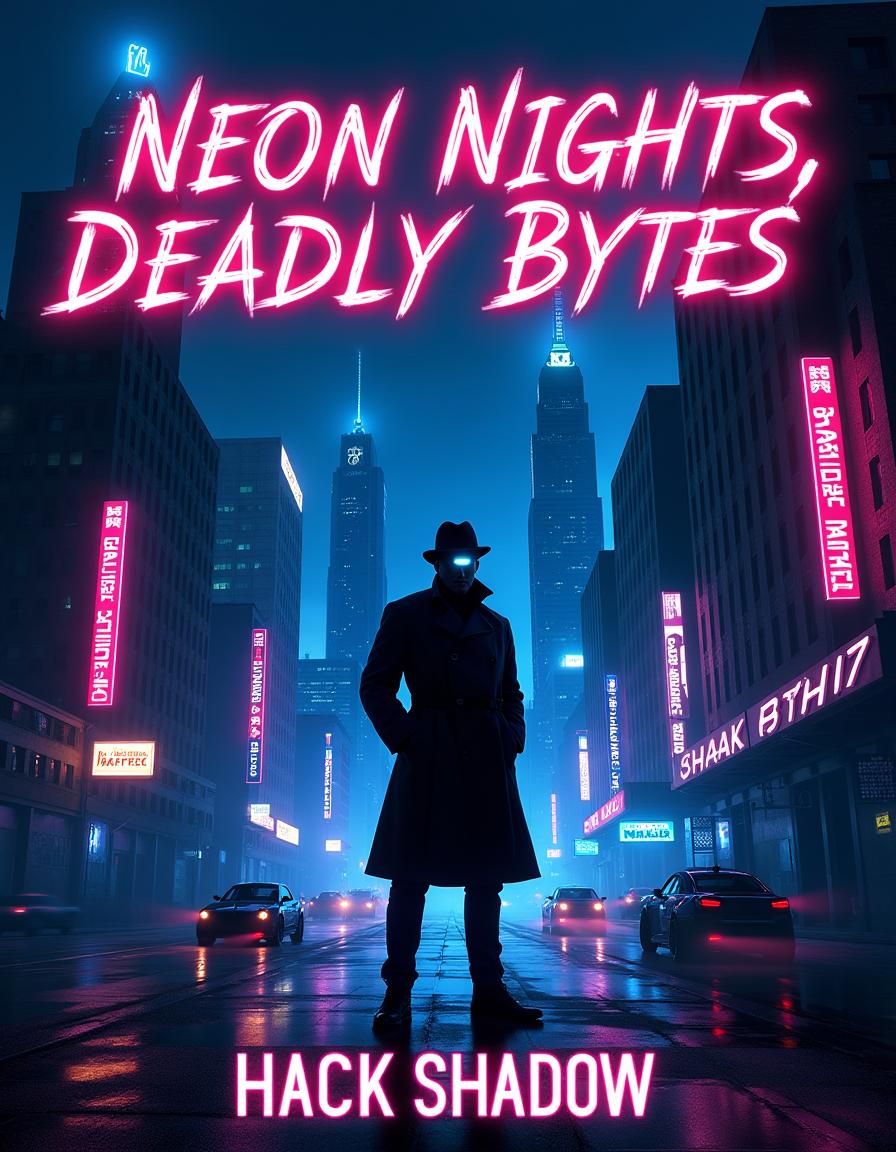 A captivating book cover for 'Neon Nights, Deadly Bytes' by Hack Shadow, set in a neon-lit cyberpunk cityscape at night