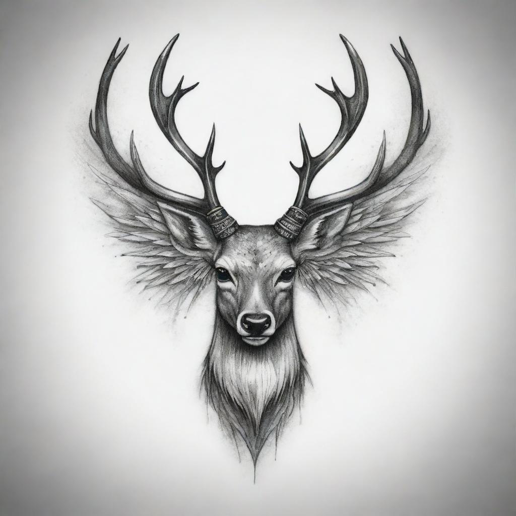 A unique tattoo design that combines a deer with an edgy, devilish twist and ethereal wings, exuding a sense of mystic charm and rebellion.