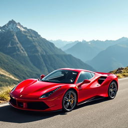 A stunning red Ferrari sports car parked on a scenic mountain road