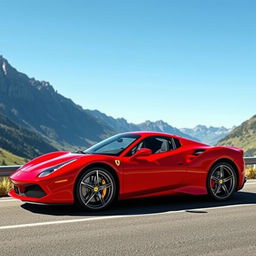 A stunning red Ferrari sports car parked on a scenic mountain road