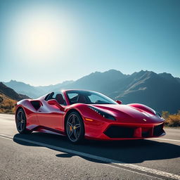 A stunning red Ferrari sports car parked on a scenic mountain road