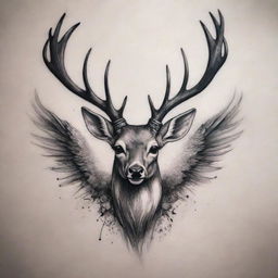 A unique tattoo design that combines a deer with an edgy, devilish twist and ethereal wings, exuding a sense of mystic charm and rebellion.