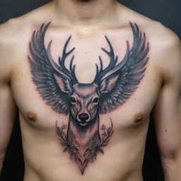 A unique tattoo design that combines a deer with an edgy, devilish twist and ethereal wings, exuding a sense of mystic charm and rebellion.