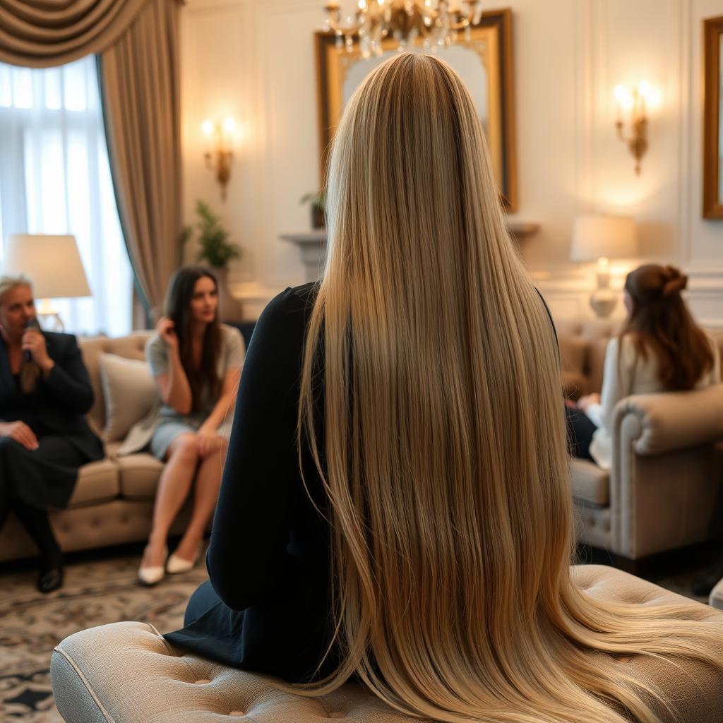 A woman with extremely long, silky, and flowing hair sitting on a separate sofa, surrounded by guests with their hair tied up, all sitting on another sofa