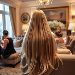 A woman with extremely long, silky, and flowing hair sitting on a separate sofa, surrounded by guests with their hair tied up, all sitting on another sofa